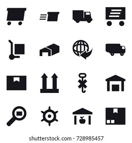 16 vector icon set : delivery, truck, cargo stoller, warehouse, handwheel, package
