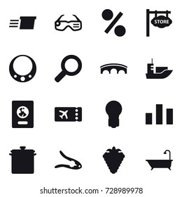 16 vector icon set : delivery, smart glasses, percent, store signboard, necklace, bridge, passport, ticket, bulb, pan, walnut crack, berry, bath