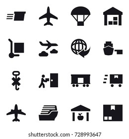 16 vector icon set : delivery, plane, parachute, warehouse, cargo stoller, journey, airplane, cruise ship, package