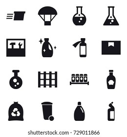 16 vector icon set : delivery, parachute, round flask, flask, tools, cleanser, garbage bag, trash bin, toilet cleanser