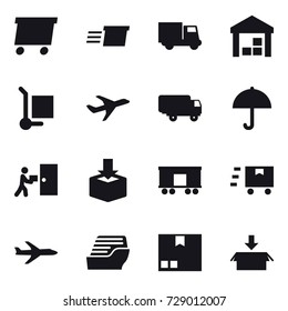 16 vector icon set : delivery, truck, warehouse, cargo stoller, plane, cruise ship, package