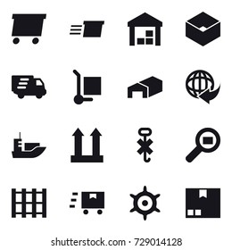 16 vector icon set : delivery, warehouse, box, cargo stoller, handwheel, package