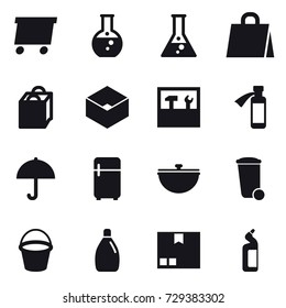16 vector icon set : delivery, round flask, flask, shopping bag, box, tools, fridge, cauldron, trash bin, bucket, cleanser, package, toilet cleanser