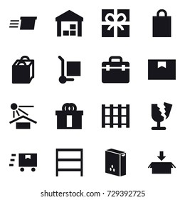 16 vector icon set : delivery, warehouse, gift, shopping bag, cargo stoller, rack, package