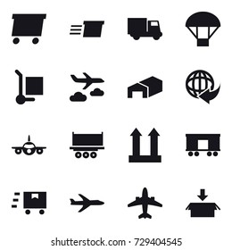 16 vector icon set : delivery, truck, parachute, cargo stoller, journey, warehouse, plane, airplane, package 16 vector icon set : delivery, truck, parachute, cargo stoller, journey, warehouse, plane, airplane, package