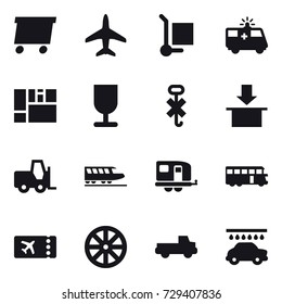 16 vector icon set : delivery, plane, cargo stoller, train, trailer, bus, ticket, wheel, pickup, car wash
