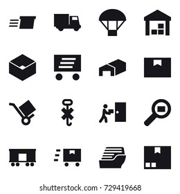 16 vector icon set : delivery, truck, parachute, warehouse, box, cruise ship, package