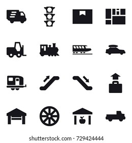 16 vector icon set : delivery, train, car baggage, trailer, escalator, baggage, garage, wheel, warehouse, pickup