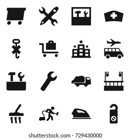 16 vector icon set : delivery, pencil wrench, tools, baggage trolley, hotel, transfer, repair tools, wrench, trash truck, skyscapers cleaning, vacuum cleaner, iron, do not distrub