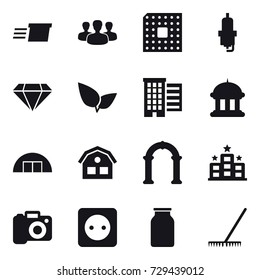 16 vector icon set : delivery, group, cpu, spark plug, diamond, houses, goverment house, hangare, house, arch, hotel, camera, power socket, rake