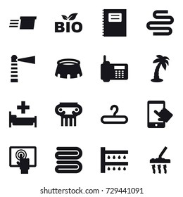 16 vector icon set : delivery, bio, copybook, lighthouse, stadium, palm, hospital, antique column, hanger, towel, watering, vacuum cleaner