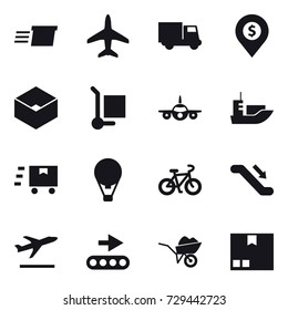 16 vector icon set : delivery, plane, truck, dollar pin, box, cargo stoller, air ballon, bike, escalator, departure, wheelbarrow, package