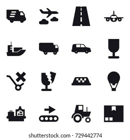 16 vector icon set : delivery, journey, taxi, air ballon, baggage checking, tractor, package