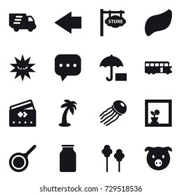 16 vector icon set : delivery, left arrow, store signboard, bus, credit card, palm, jellyfish, flower in window, pan, trees, pig