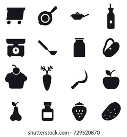 16 vector icon set : delivery, pan, kitchen scales, ladle, sickle, apple, pear, pills bottle, strawberry, potato