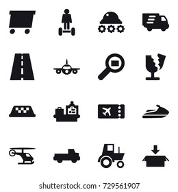 16 vector icon set : delivery, hoverboard, lunar rover, taxi, baggage checking, ticket, jet ski, pickup, tractor, package