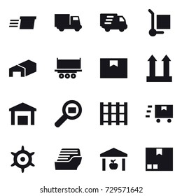 16 vector icon set : delivery, truck, cargo stoller, warehouse, handwheel, cruise ship, package