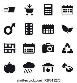 16 vector icon set : delivery, add to cart, calculator, calendar, modular house, camera, rain cloud, warehouse, wiping