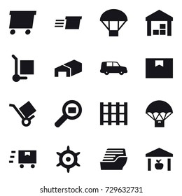 16 vector icon set : delivery, parachute, warehouse, cargo stoller, handwheel, cruise ship