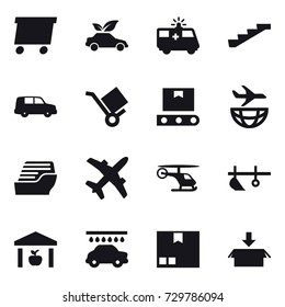 16 vector icon set : delivery, eco car, stairs, cruise ship, plow, warehouse, car wash, package