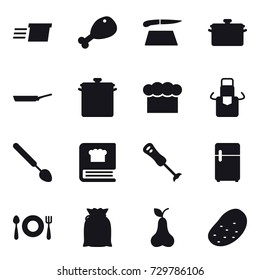 16 vector icon set : delivery, chicken leg, cutting board, pan, chef  hat, apron, big spoon, pear, potato