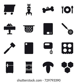 16 vector icon set : delivery, dna modify, bone, cafe, restaurant, colander, kitchen scales, skimmer, meat hammer, cutting board, honeycombs