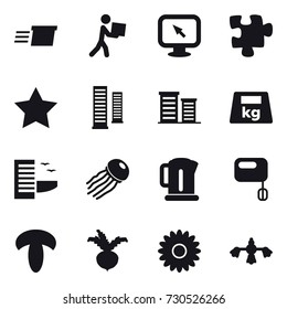 16 vector icon set : delivery, courier, monitor arrow, puzzle, star, skyscrapers, district, hotel, jellyfish, kettle, beet, flower, hard reach place cleaning