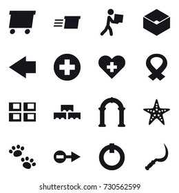 16 vector icon set : delivery, courier, box, left arrow, panel house, block wall, arch, starfish, pets, sickle