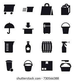 16 vector icon set : delivery, shopping bag, fridge, bucket, measuring cup, barrel, sprayer, trash bin, package, washing powder