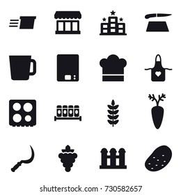 16 vector icon set : delivery, market, hotel, cutting board, cup, kitchen scales, cook hat, apron, sickle, grape, grain elevator, potato