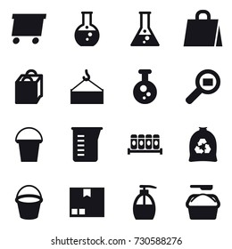 16 vector icon set : delivery, round flask, flask, shopping bag, bucket, measuring cup, garbage bag, package, liquid soap, washing powder