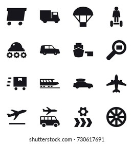 16 vector icon set : delivery, truck, parachute, hoverboard, lunar rover, train, car baggage, airplane, departure, transfer, wheel