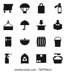 16 vector icon set : delivery, parachute, shopping bag, fridge, cauldron, barrel, bucket, sprayer, garbage bag, package, washing powder