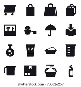 16 vector icon set : delivery, shopping bag, tools, uv cream, washing, measuring cup, package, washing powder, toilet cleanser