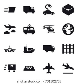 16 vector icon set : delivery, truck, electric car, box, journey, taxi, airplane, arrival