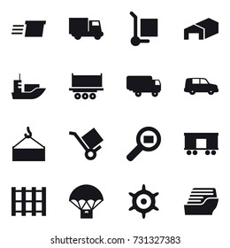 16 vector icon set : delivery, truck, cargo stoller, warehouse, handwheel, cruise ship