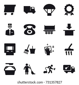 16 vector icon set : delivery, truck, parachute, medal, atm, bucket and broom, wiping, vacuum cleaner, washing powder, brooming, home call cleaning