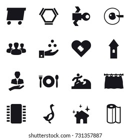 16 vector icon set : delivery, hex molecule, satellite, cell corection, group, chamical industry, tower, cafe, surfer, curtain, goose, house cleaning, paper towel