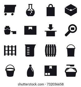 16 vector icon set : delivery, round flask, shopping bag, box, measuring cup, barrel, bucket, cleanser, package, washing powder