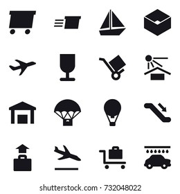 16 vector icon set : delivery, boat, box, air ballon, escalator, baggage, arrival, baggage trolley, car wash