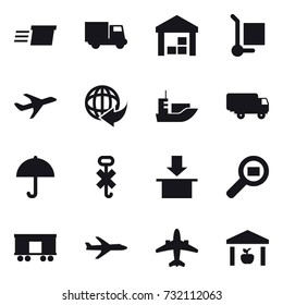 16 vector icon set : delivery, truck, warehouse, cargo stoller, plane, airplane
