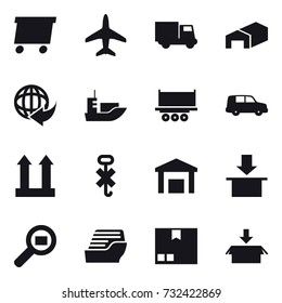 16 vector icon set : delivery, plane, truck, warehouse, cruise ship, package