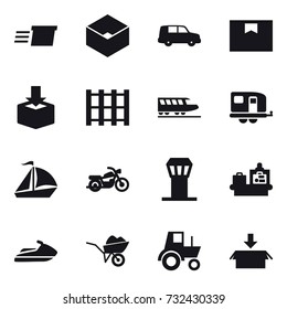 16 vector icon set : delivery, box, train, trailer, sail boat, motorcycle, airport tower, baggage checking, jet ski, wheelbarrow, tractor, package