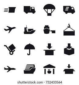16 vector icon set : delivery, truck, parachute, plane, cruise ship, warehouse, package