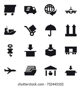 16 vector icon set : delivery, plane, cruise ship, warehouse, package