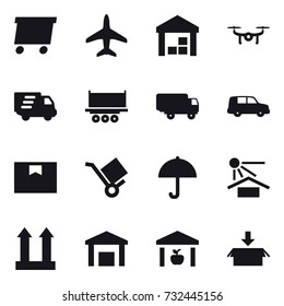 16 vector icon set : delivery, plane, warehouse, drone, package