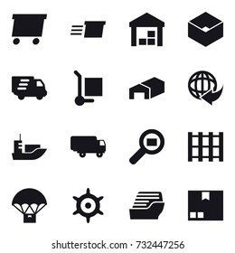 16 vector icon set : delivery, warehouse, box, cargo lory, cruise ship, package