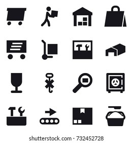 16 vector icon set : delivery, courier, warehouse, shopping bag, cargo stoller, tools, safe, repair tools, package, washing powder