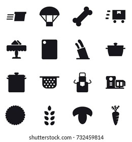 16 vector icon set : delivery, parachute, restaurant, cutting board, stands for knives, pan, colander, apron, spikelets, mushroom, carrot