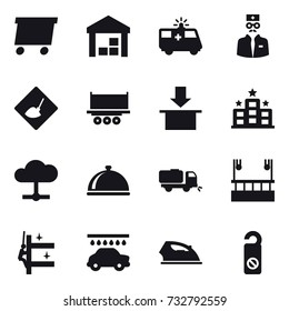16 vector icon set : delivery, warehouse, under construction, hotel, sweeper, skyscapers cleaning, skyscrapers cleaning, car wash, iron, do not distrub